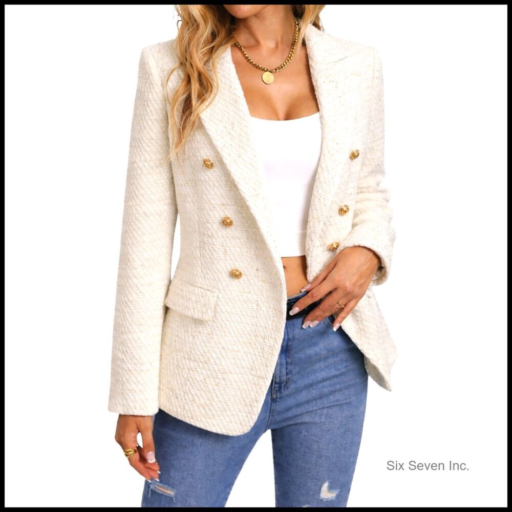 Women's Tweed Plaid Blazer Slim Fit Fully Lined Business Casual Jacket - Picture 1 of 7